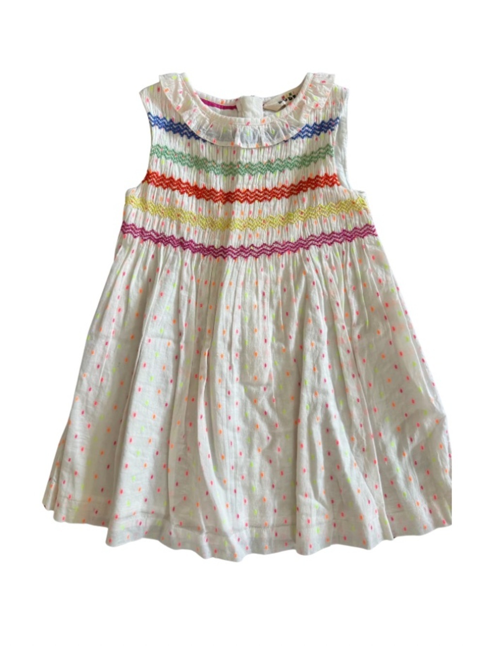 🌟 Mini Boden Girls Sleeveless Smocked Dress w/ Neon Dot Print 2-3Y ✨👗